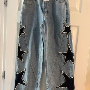 Pearl-Trim Star Flare Jeans in Light Blue